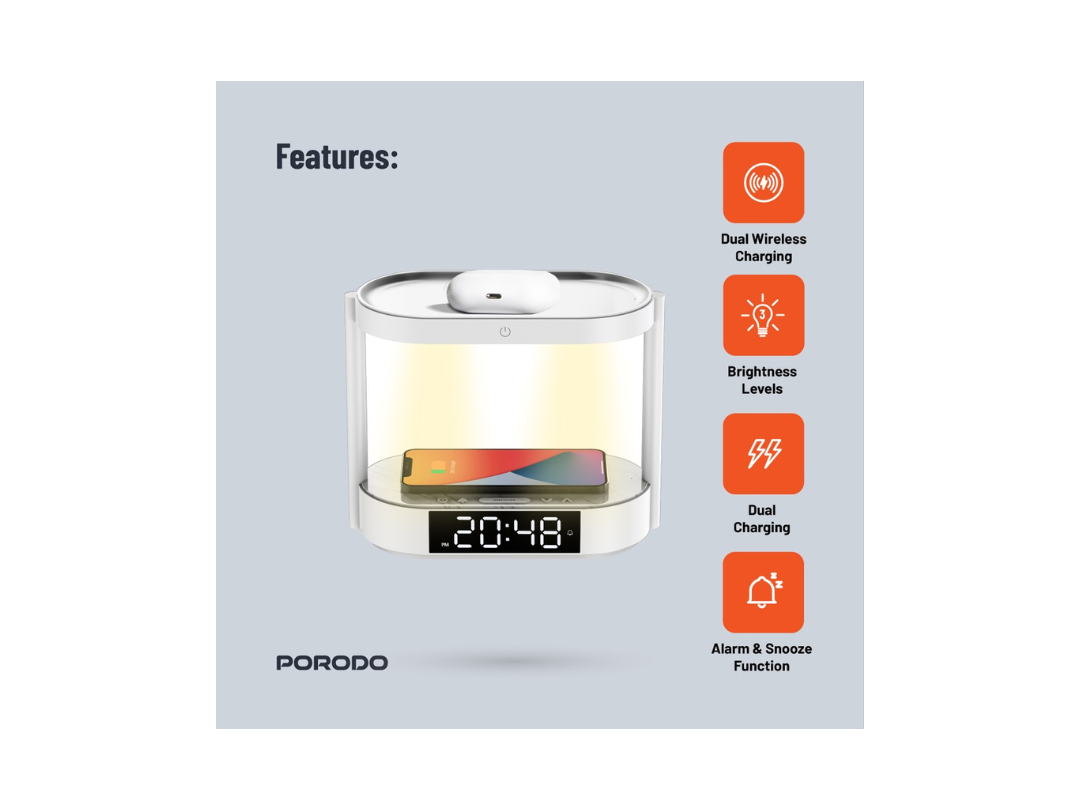 Porodo Bedside Lamp with Wireless Charger & Digital Clock - White Porodo Bedside Lamp with Wireless Charger & Digital Clock - White